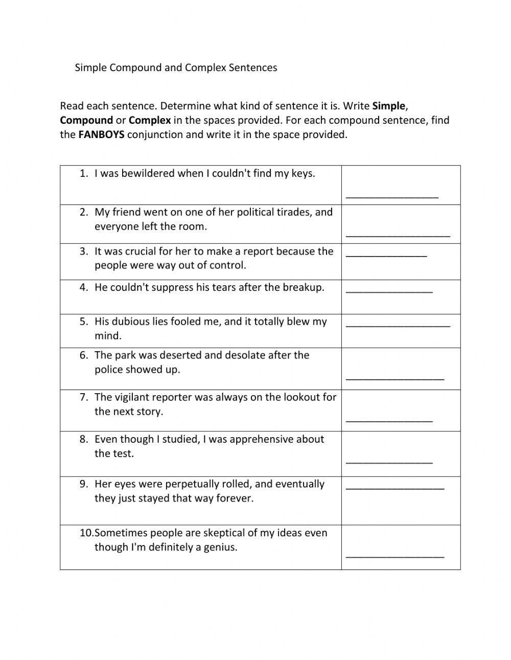 Simple Compound Complex Sentences Worksheet PDF Leisure 
