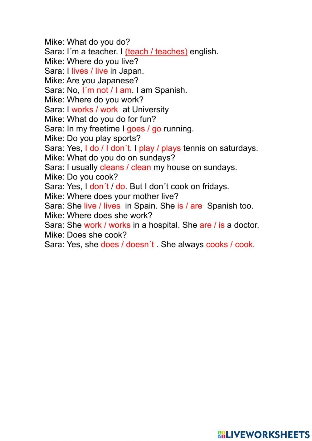 Simple Present Dialogue Exercise Worksheet English As A Second 