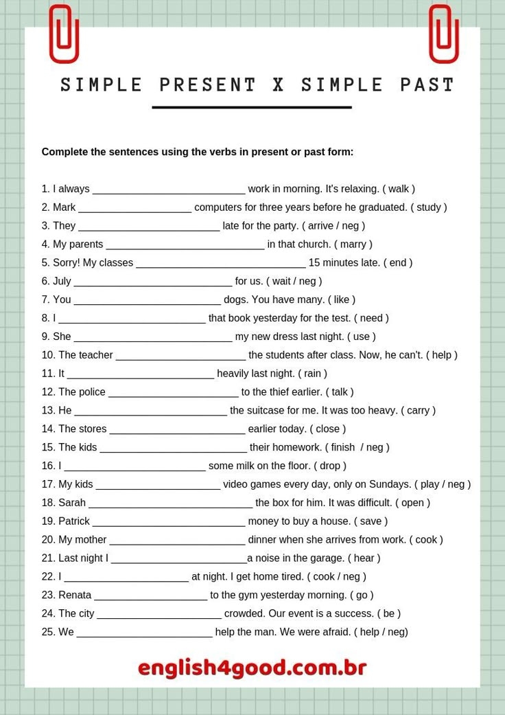 Simple Present Simple Past Worksheet With The Words In English And 