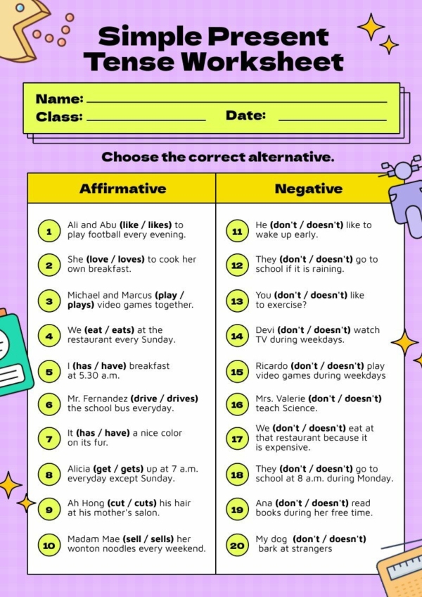 worksheets for simple present tense