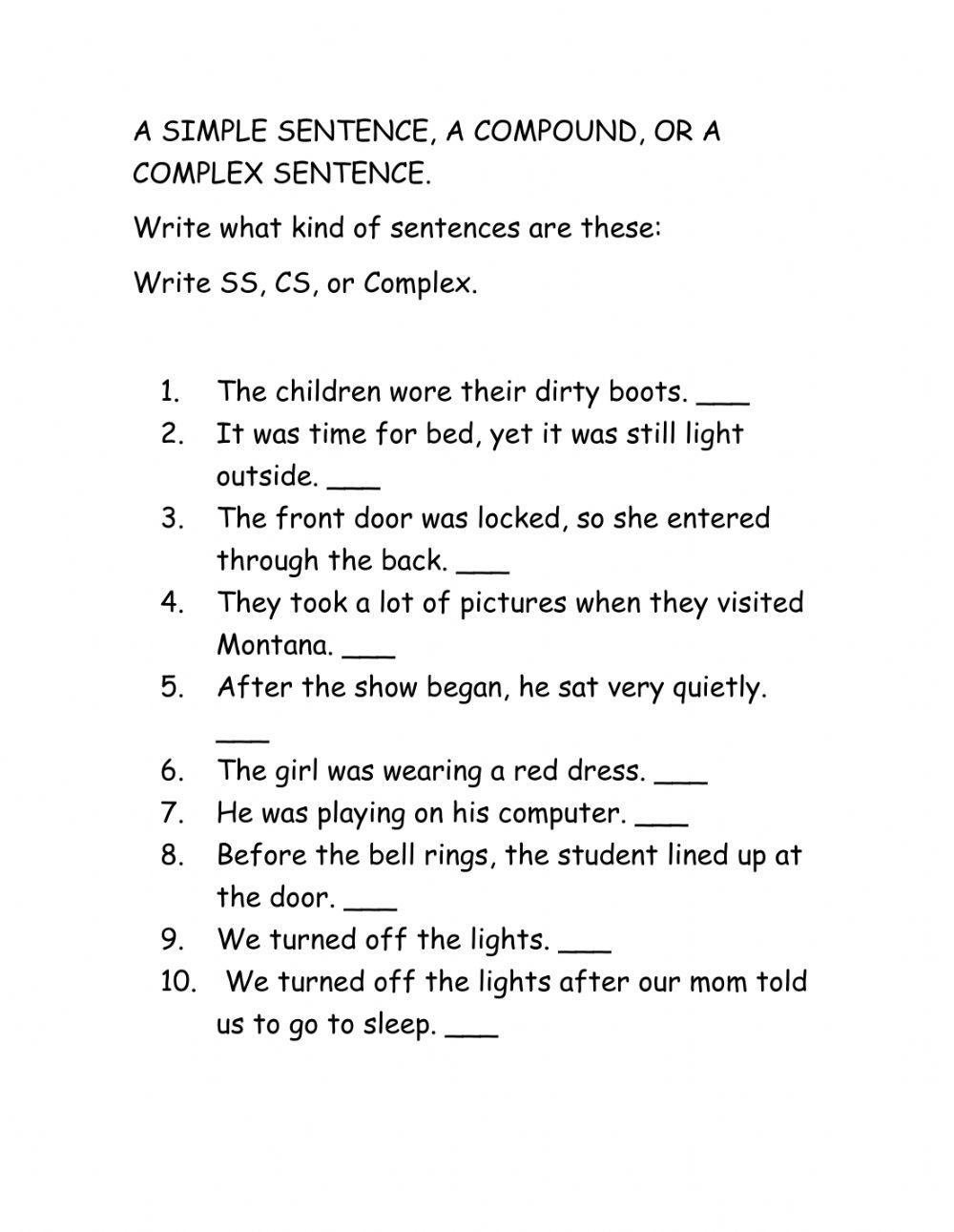 Simple Sentences Compound Sentence And Complex Worksheet Live 