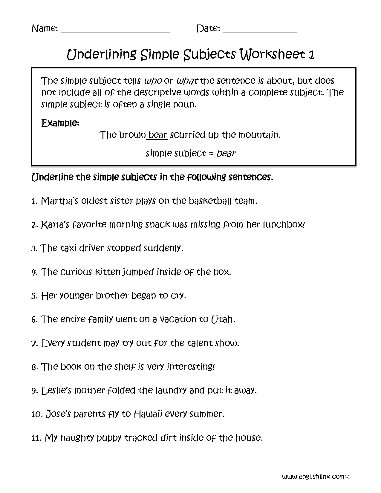Simple Subject And Predicate Worksheets