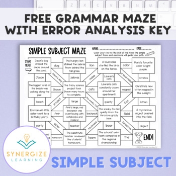 Simple Subject Grammar Maze no Prep Printables TPT