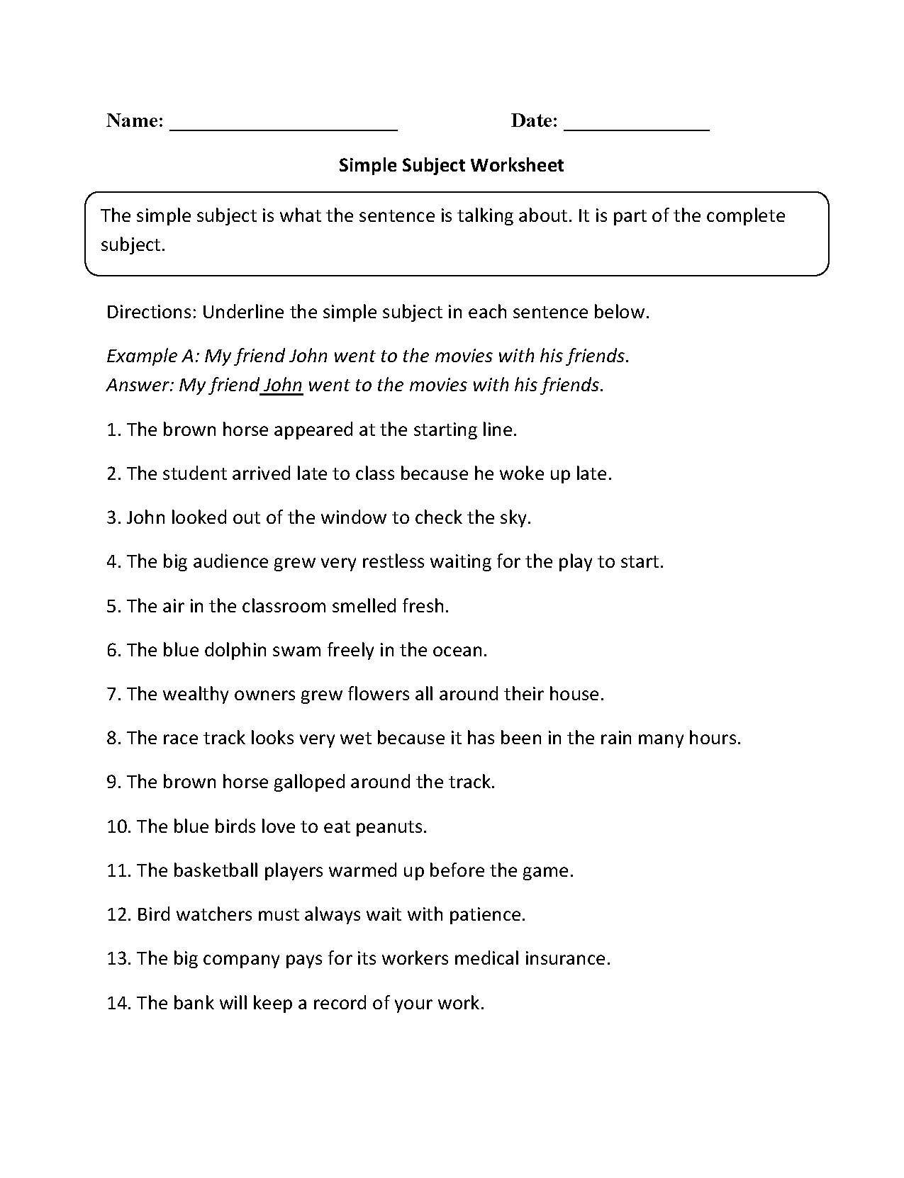 Simple Subject Of A Sentence