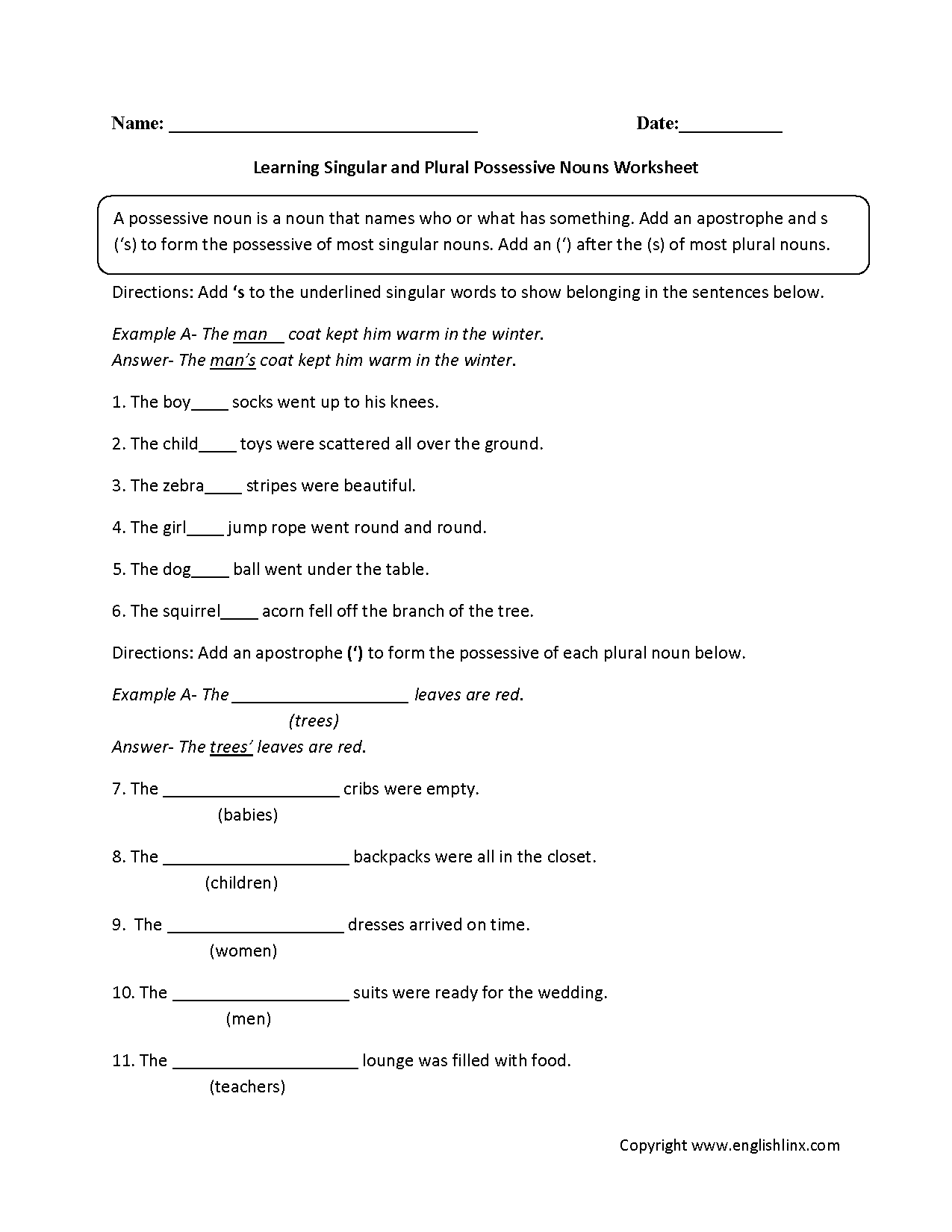 Singular And Plural Possessive Nouns Worksheet Printable PDF Template