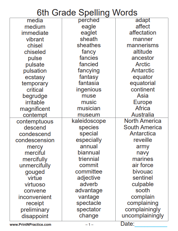 Sixth Grade Vocabulary Words