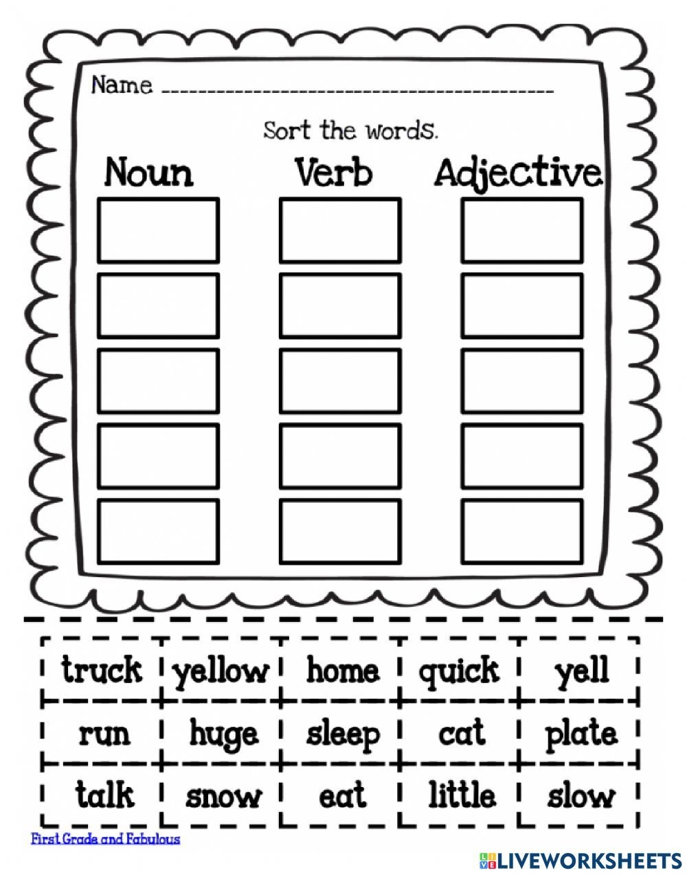 Sorting Nouns Verbs Adjectives Worksheet Artofit