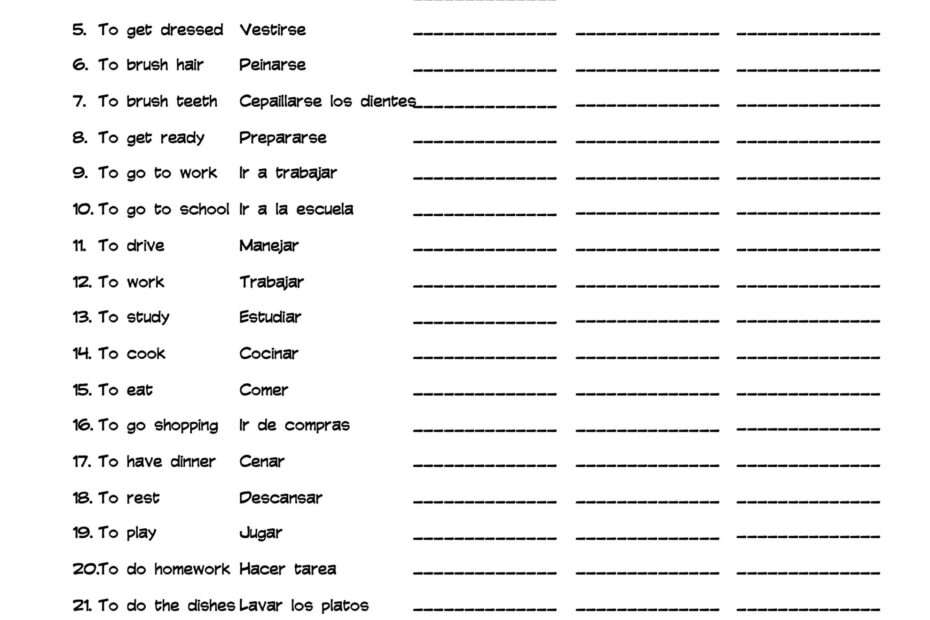 Spanish Daily Routine Vocabulary Word List Column Worksheet Made By