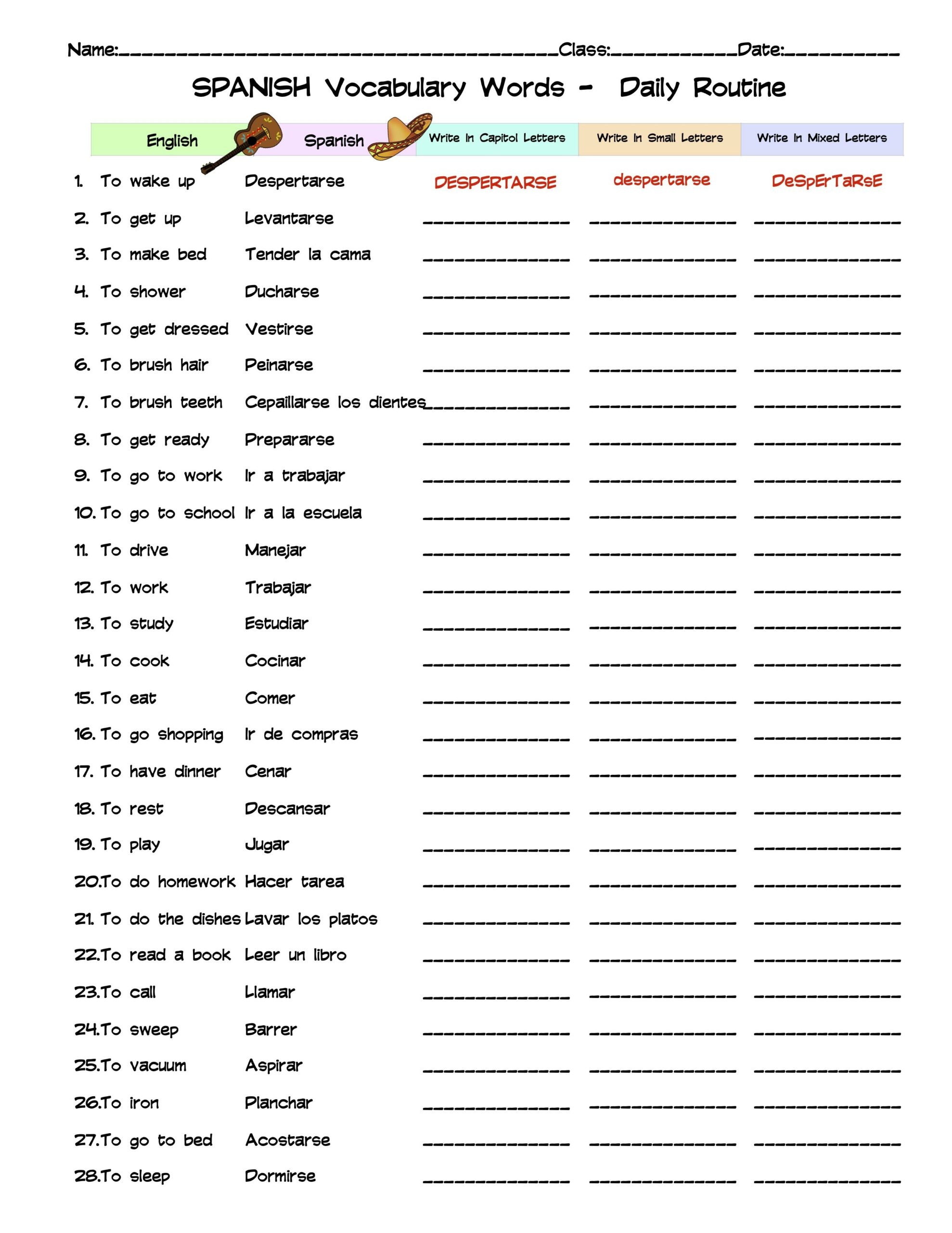 Spanish Daily Routine Vocabulary Word List Column Worksheet Made By 