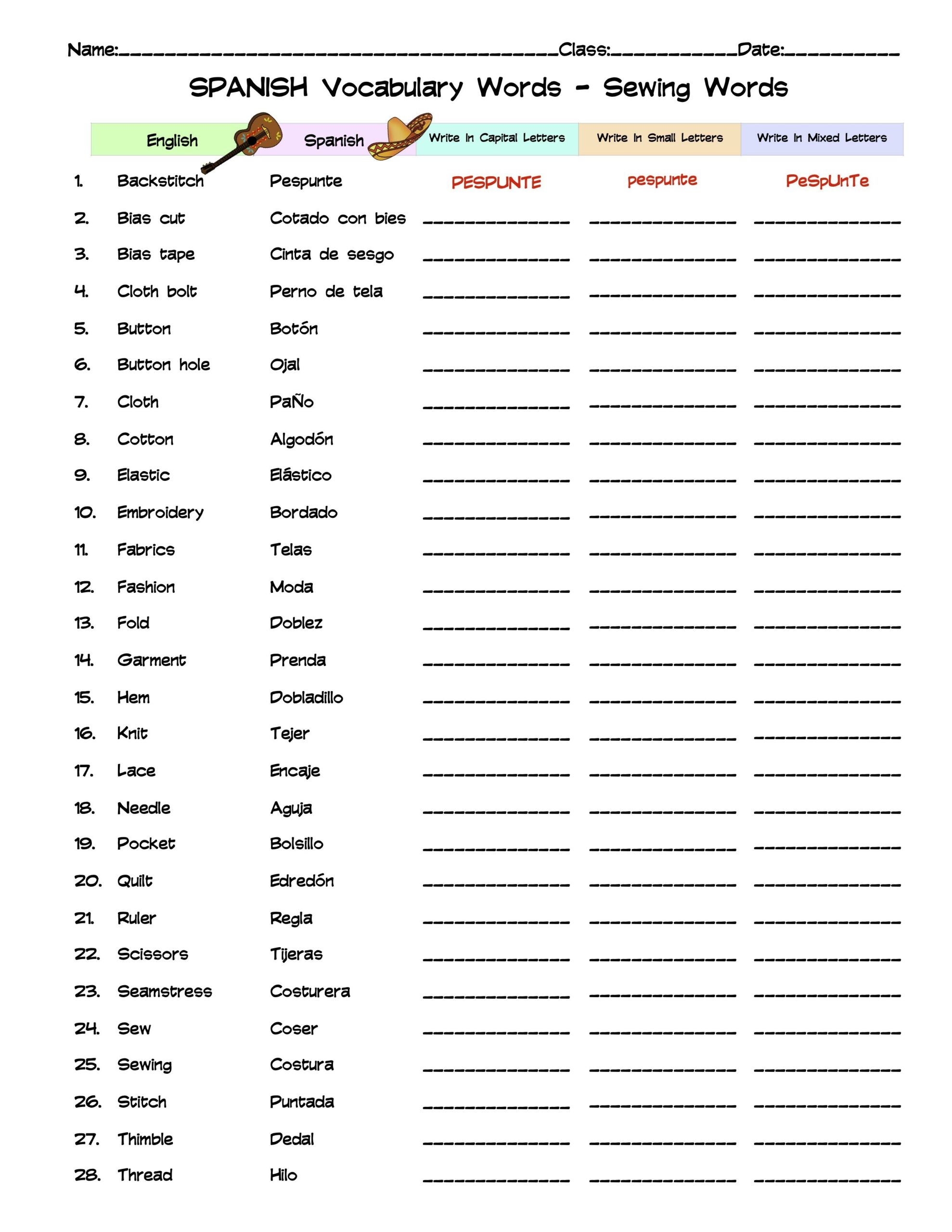 Spanish Sewing Vocabulary Word List Column Worksheet Made By Teachers