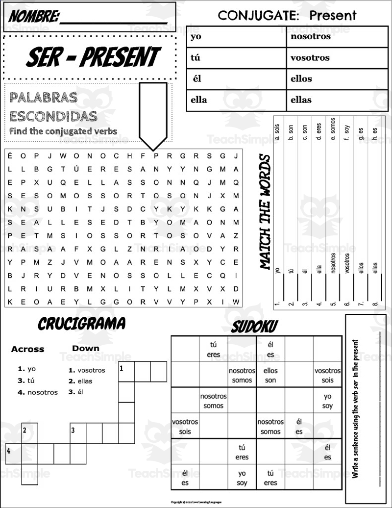 Spanish Verb SER Conjugation Worksheet By Teach Simple