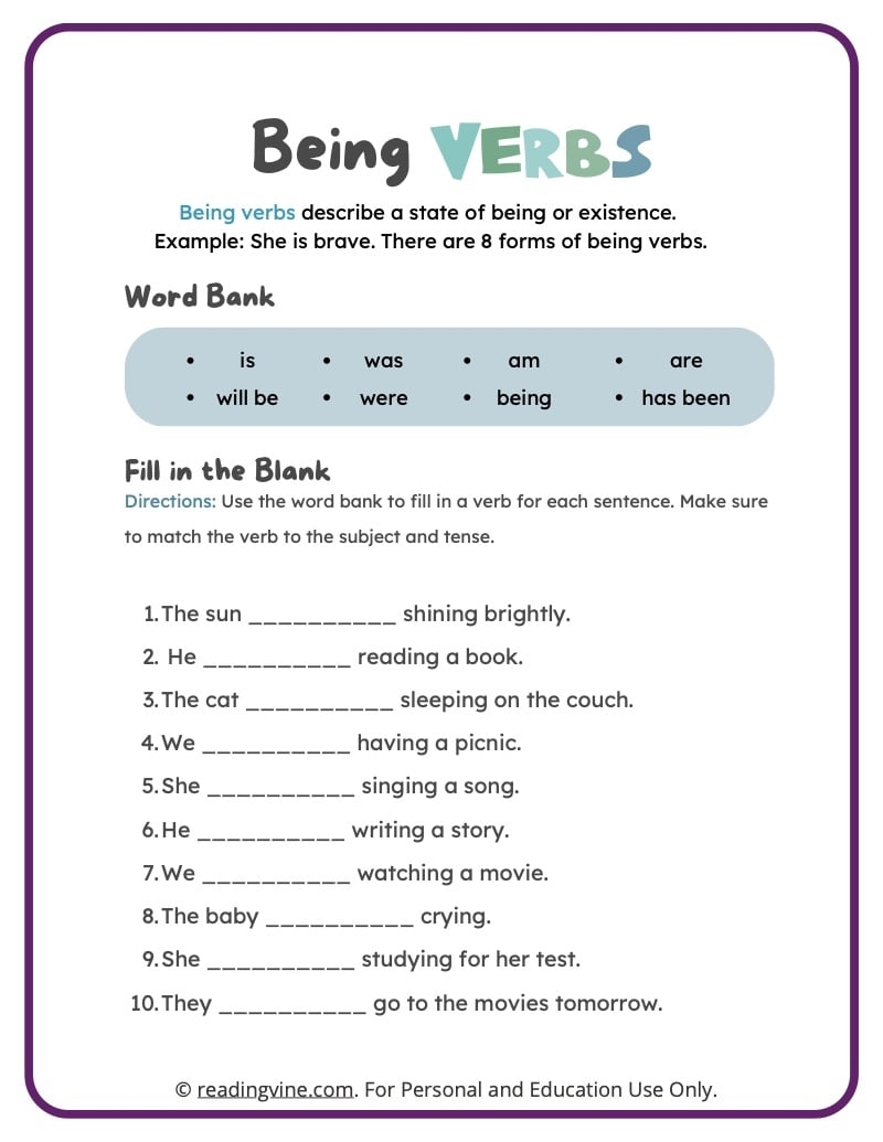 State Of Being Verbs Worksheets quot To Be quot Verbs Activities