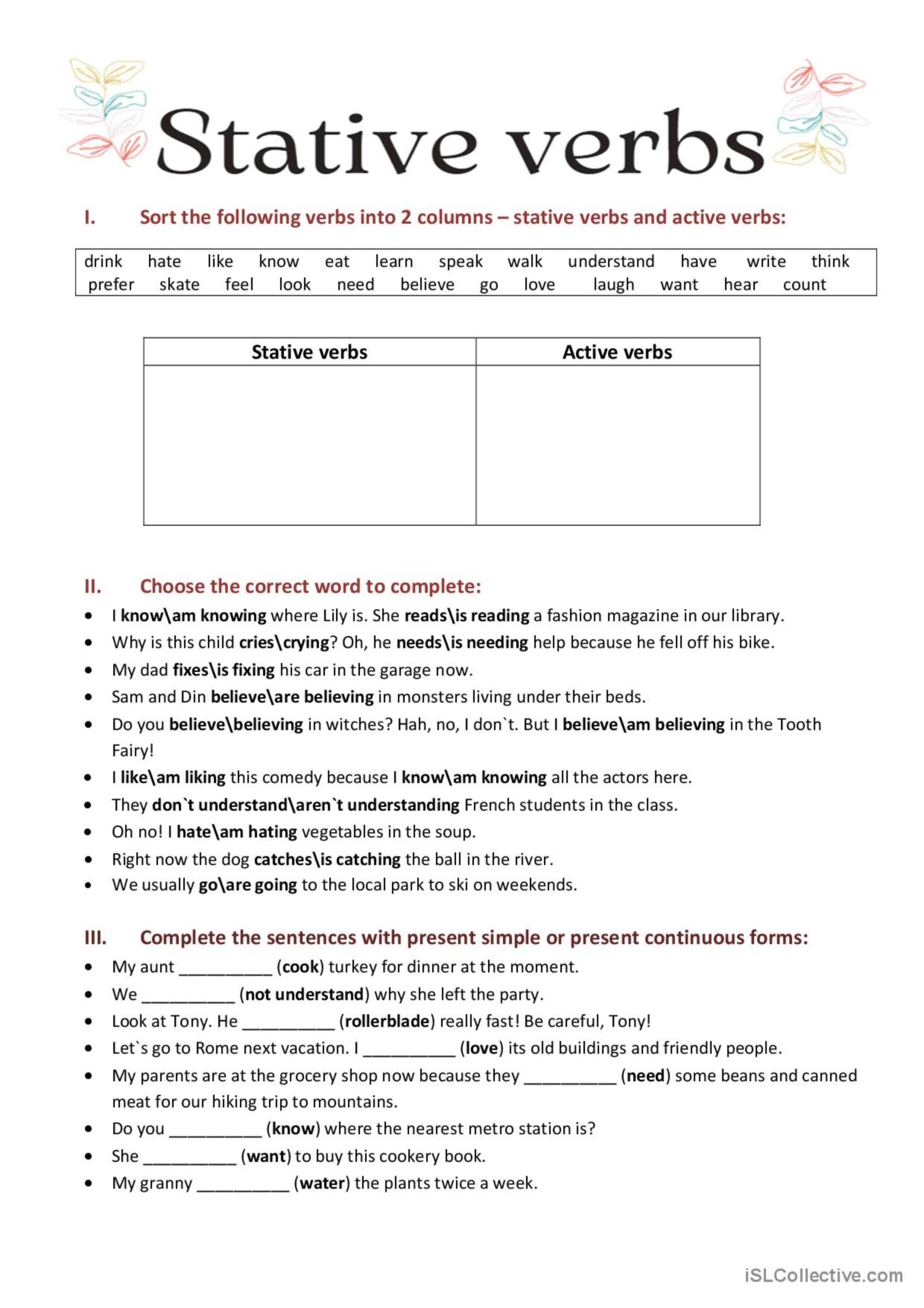 Stative Vs Active Verbs General Gram English ESL Worksheets Pdf Doc