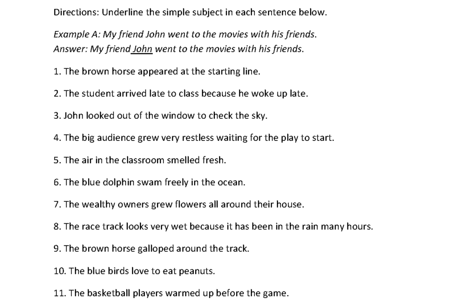 Subject And Predicate Worksheets Simple Subject Worksheet