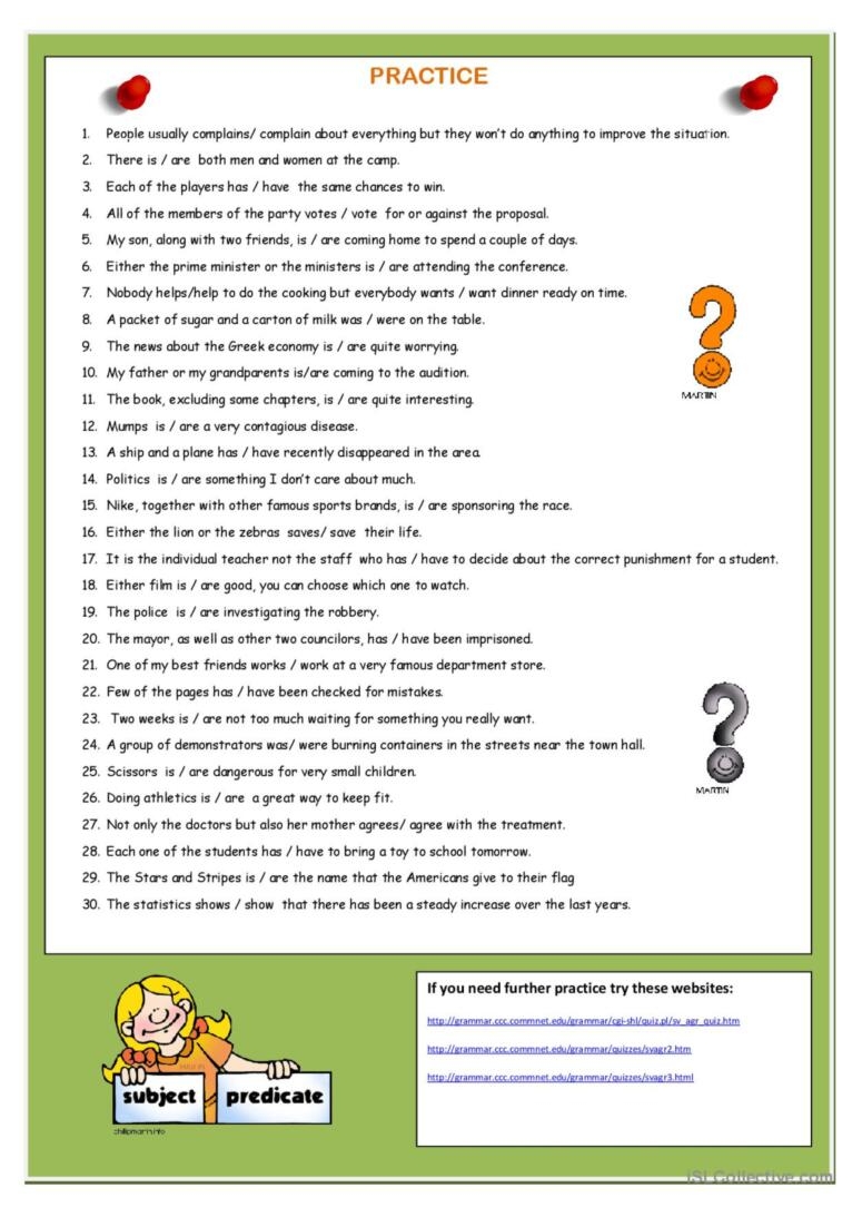 Subject And Verb Agreement English ESL Worksheets Pdf Doc