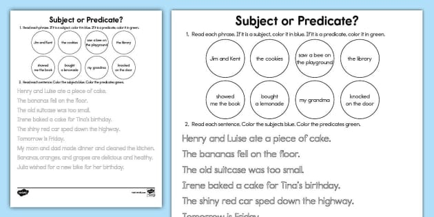 Subject Or Predicate Color The Words Activity Twinkl Worksheets 