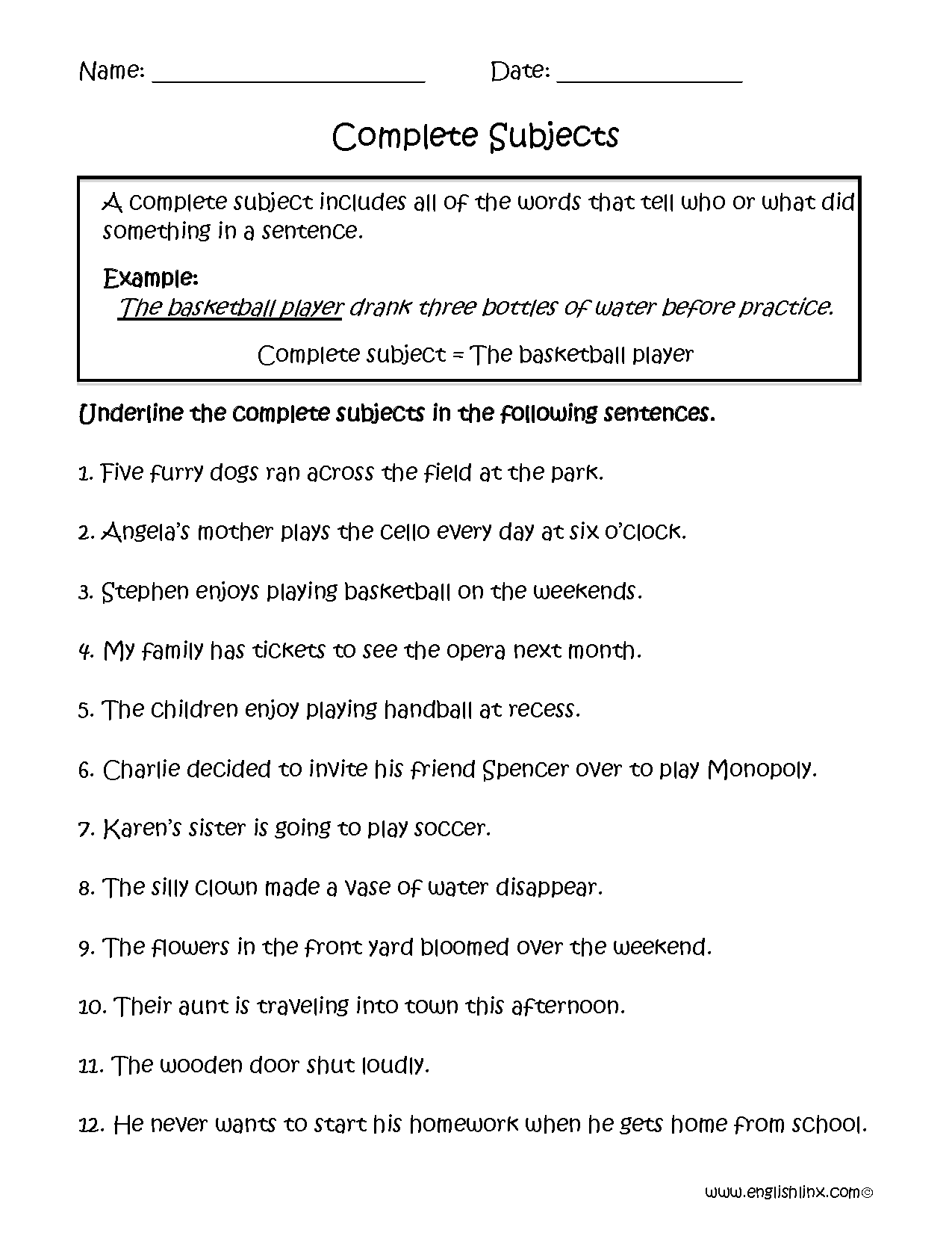 Subject Predicate Worksheet For Class 6