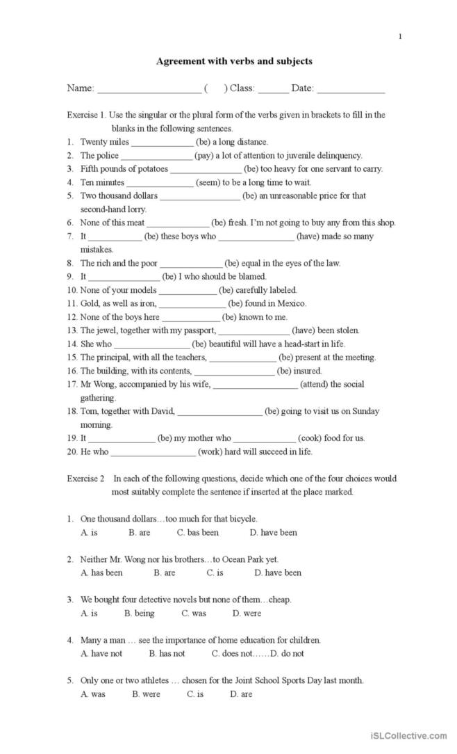 Subject verb Agreement English ESL Worksheets Pdf Doc
