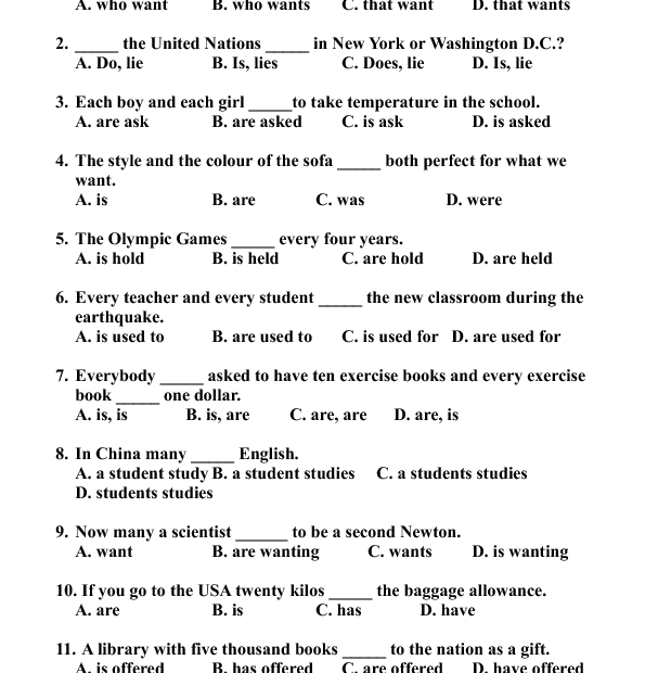 Subject Verb Agreement Exercises Printable