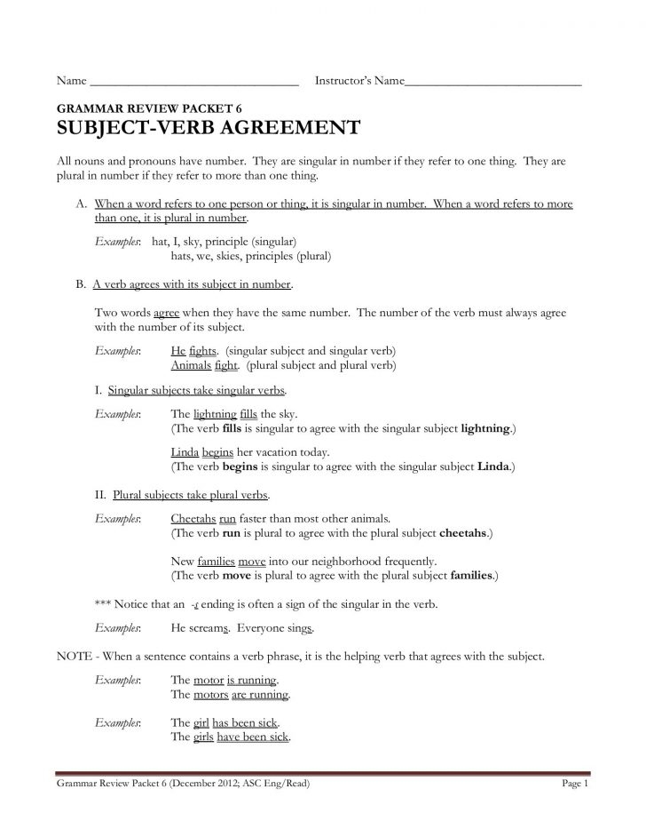 Subject Verb Agreement Grammar Review Packet 6 Subject Verb Agreement 