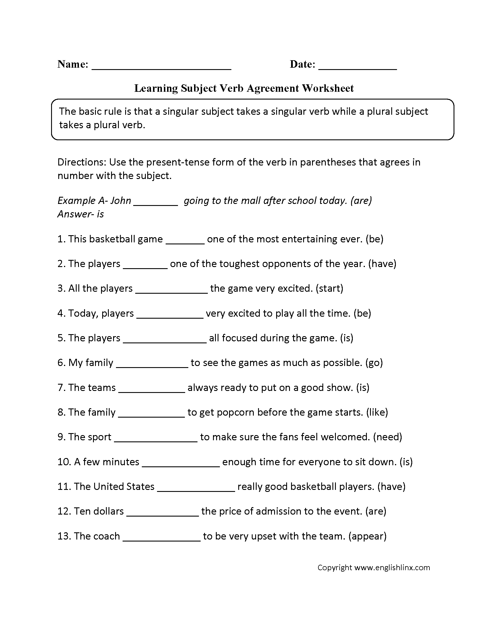 Subject Verb Agreement High School Worksheet School Worksheets Printable