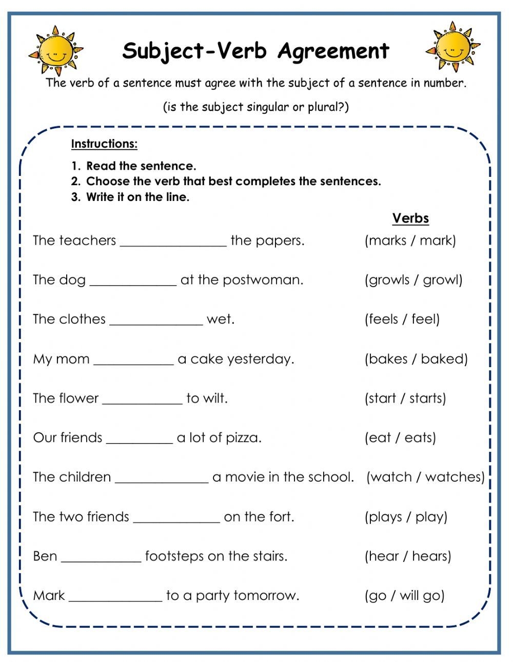 free subject verb agreement worksheet