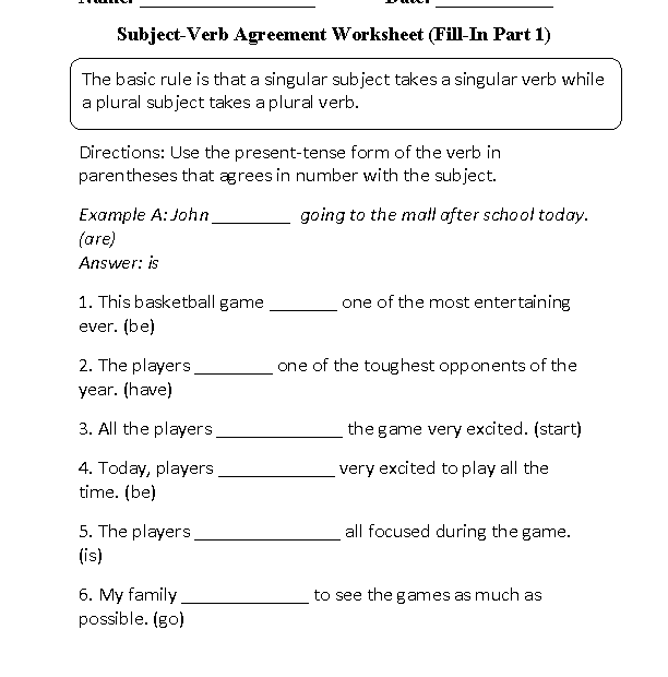 Subject Verb Agreement Worksheets Fill In Subject Verb Agreement
