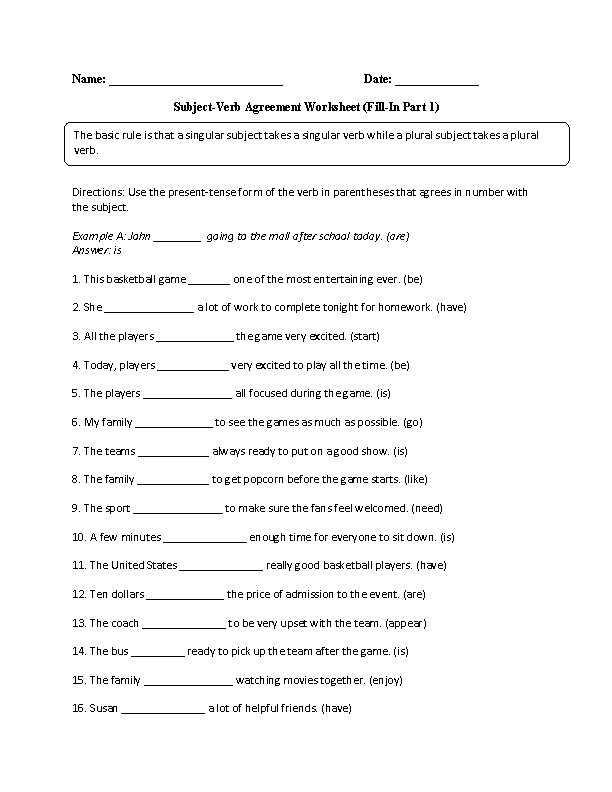 Subject Verb Agreement Worksheets Sentences With Subject Verb 