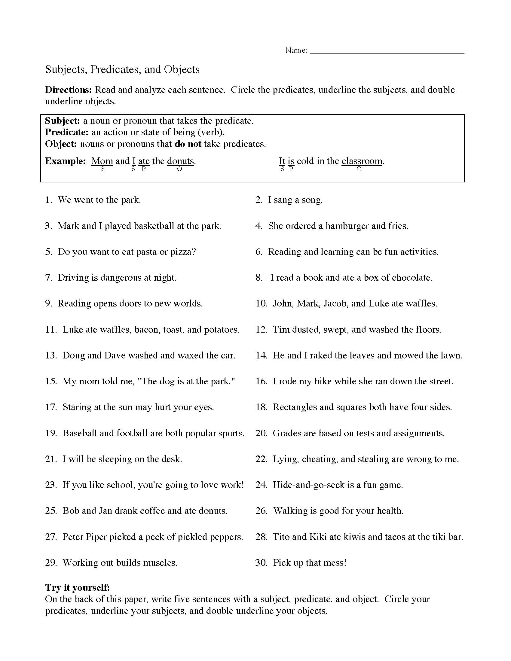 subjects and predicates worksheet