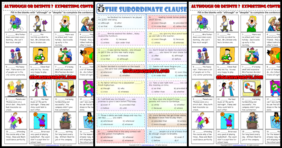 Subordination Free ESL Printable Grammar Worksheets Eal Exercises Efl 