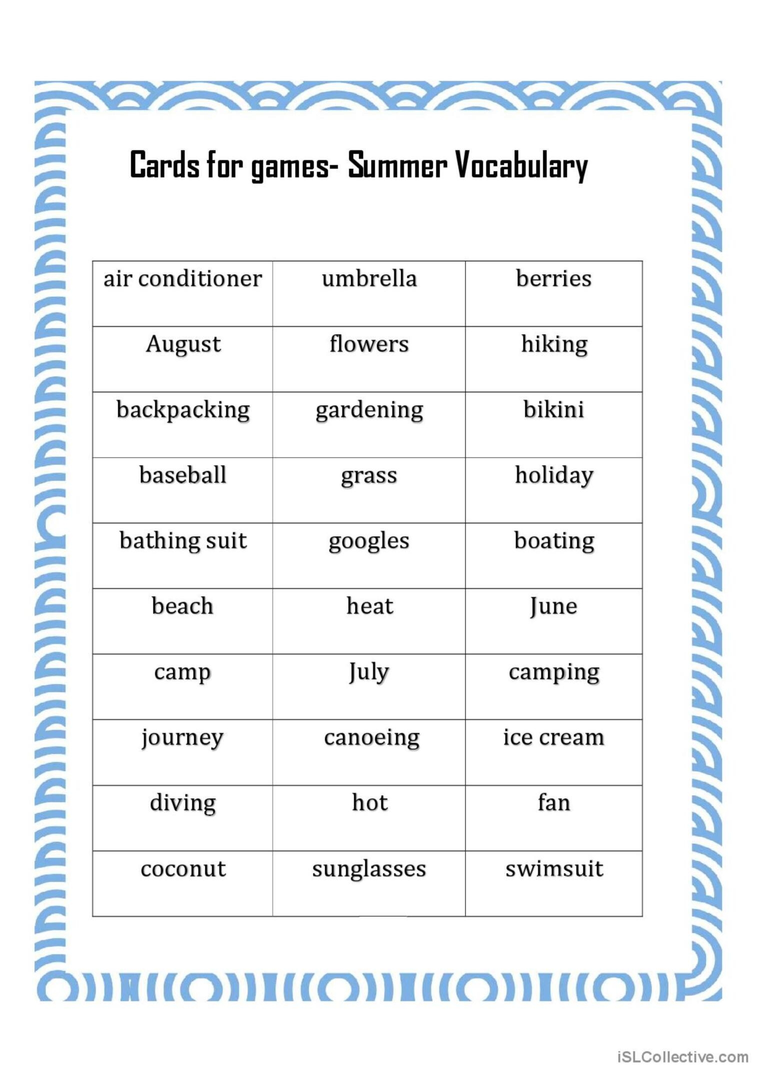 Summer Vocabulary Activities And Gam English ESL Worksheets Pdf Doc