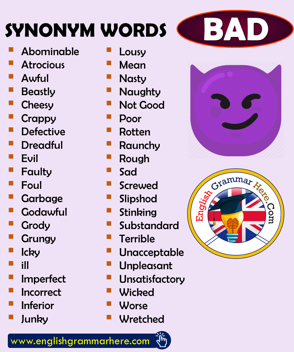 Synonym Words BAD English Vocabulary English Grammar Here