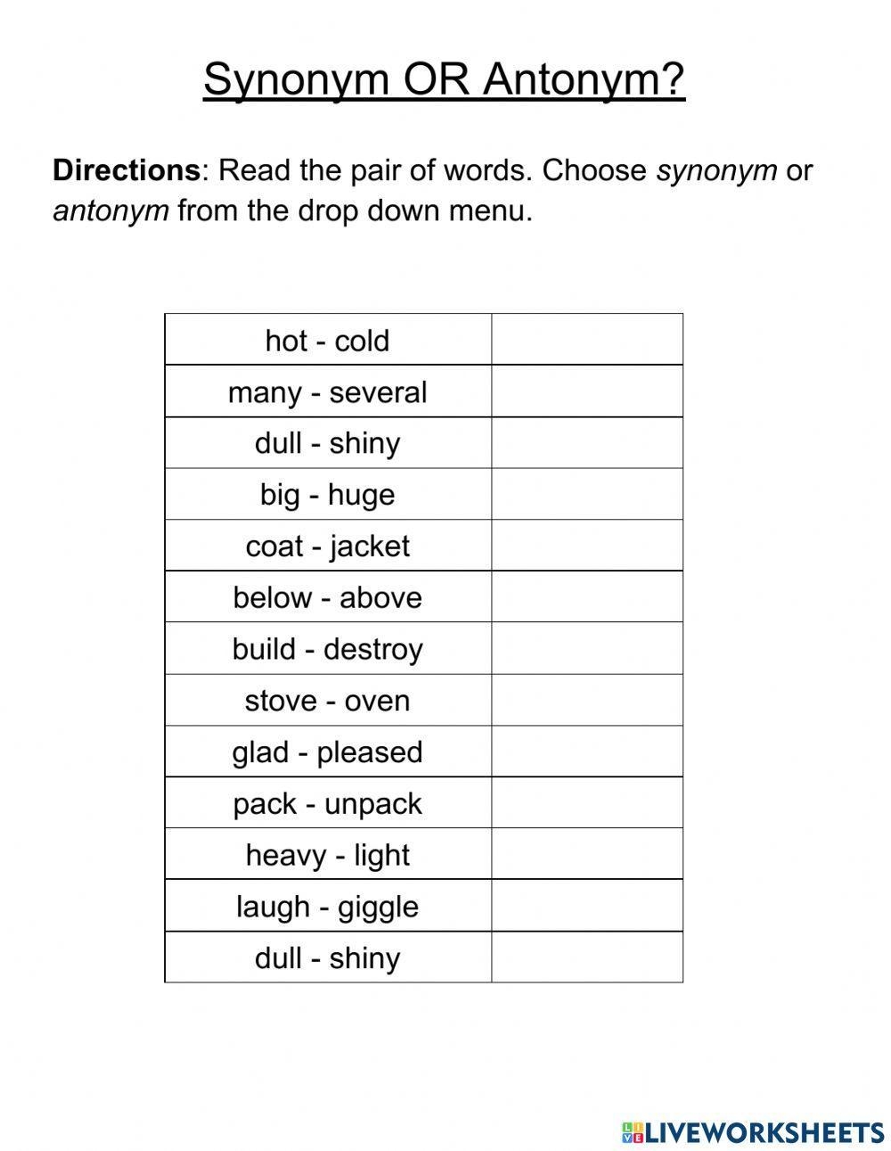 Synonyms And Antonyms Worksheets Enhance Vocabulary Skills