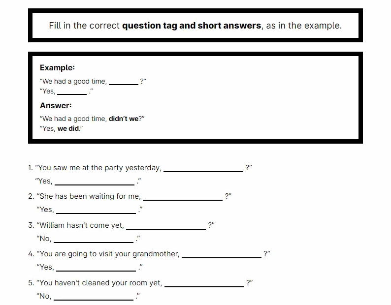 Tag Questions Short Answers Exercise 1 ESL Worksheets