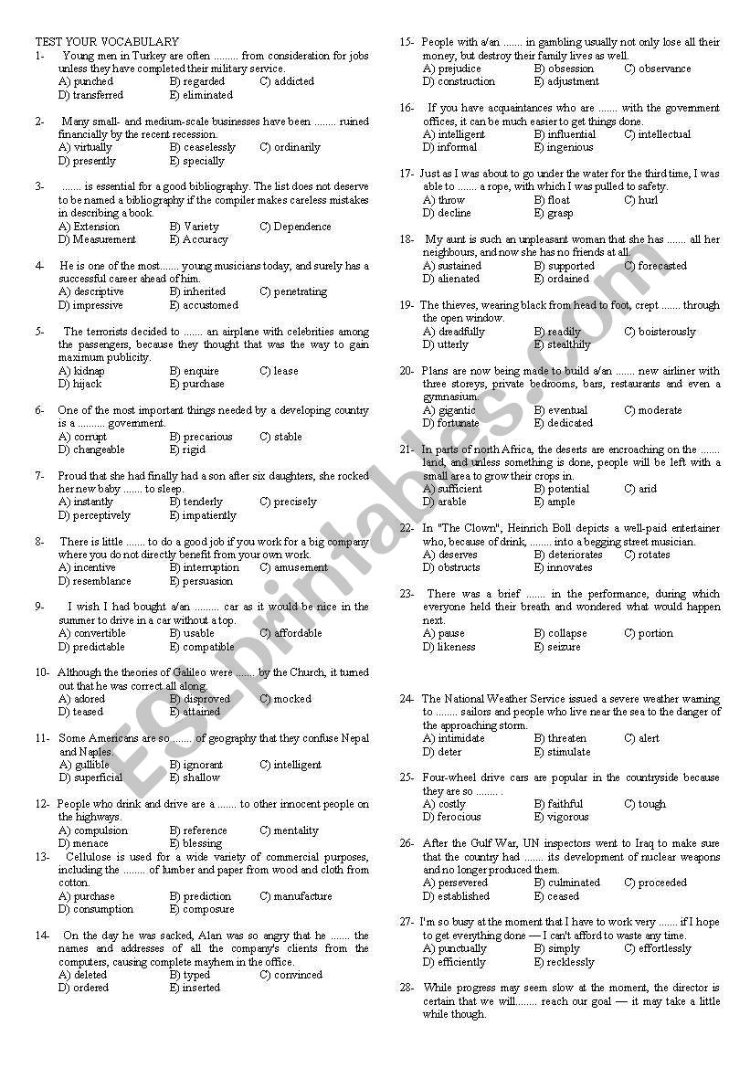 Test Your Vocabulary ESL Worksheet By Sechkeen