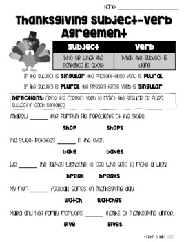 Thanksgiving Subject Verb Agreement Worksheet With Answer Key TpT