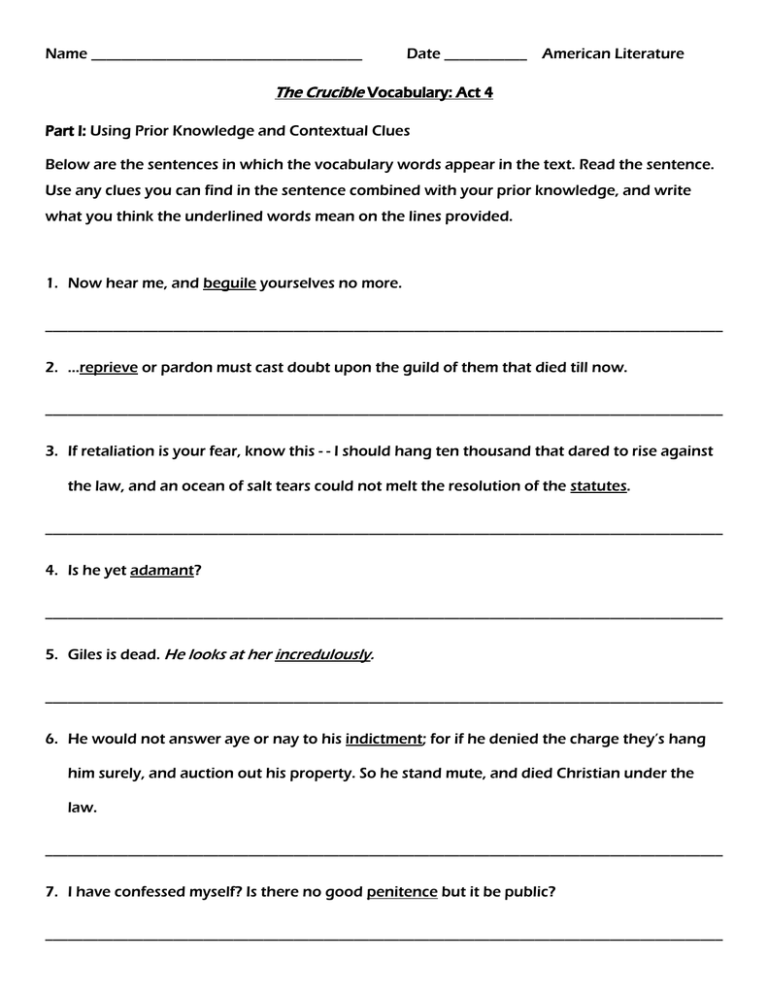 The Crucible Act 4 Vocabulary Worksheet