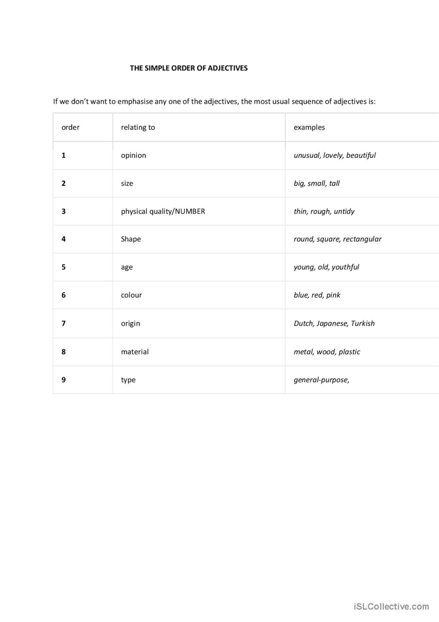 The Order Of Adjectives Handout 2 English ESL Worksheets Pdf Doc
