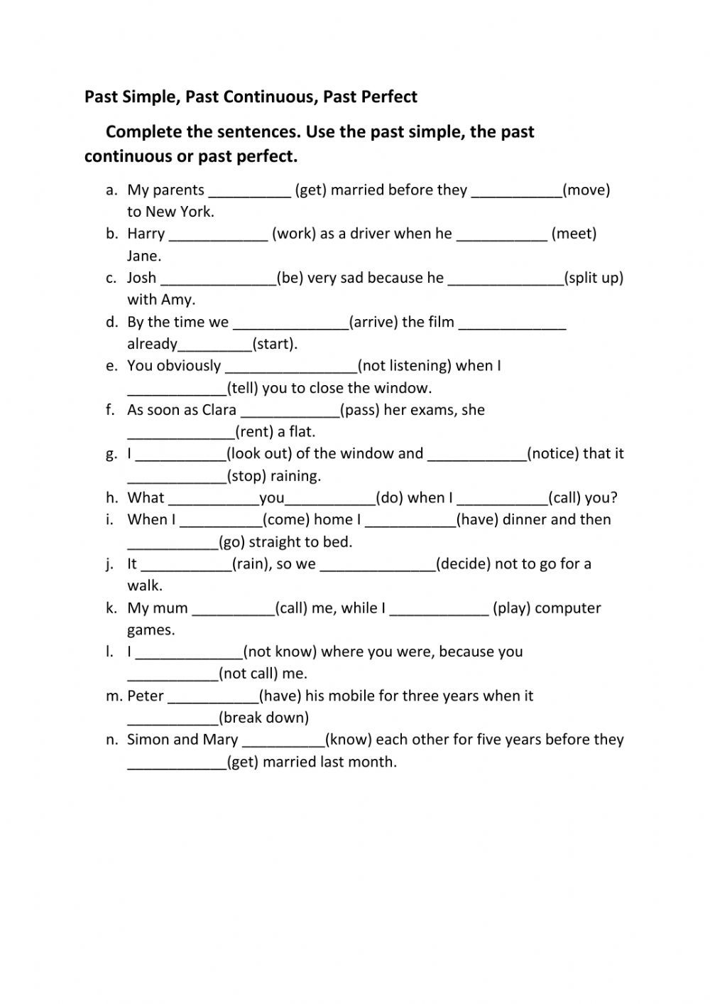 The Past Simple Past Continuous Past Perfect Worksheet For Grade 1 
