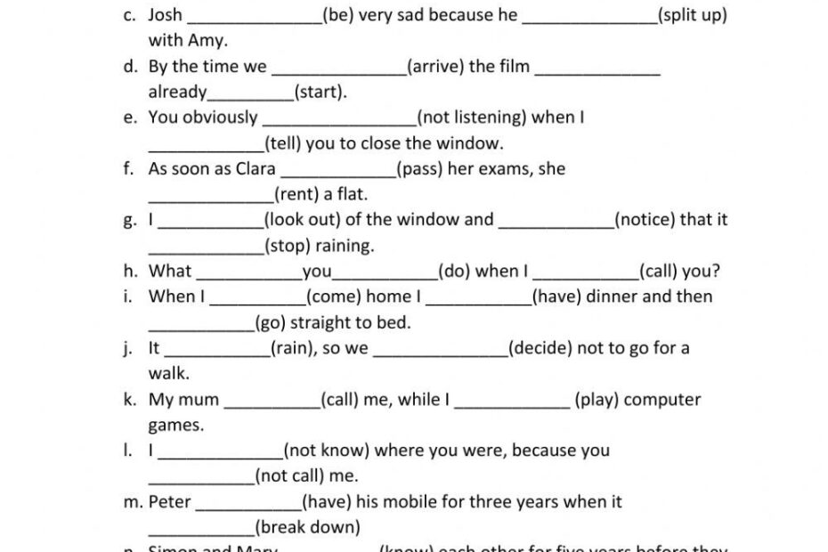 The Past Simple Past Continuous Past Perfect Worksheet For Grade 1
