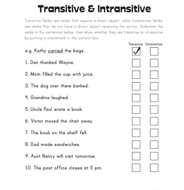 Transitive And Intransitive Verb Worksheets