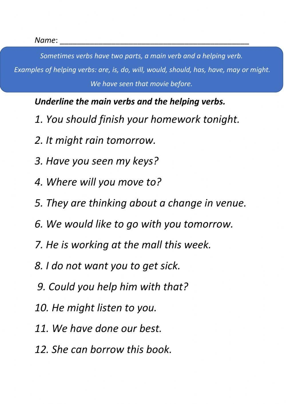Underline The Main Verb And Encircle The Helping Verbs Worksheet 