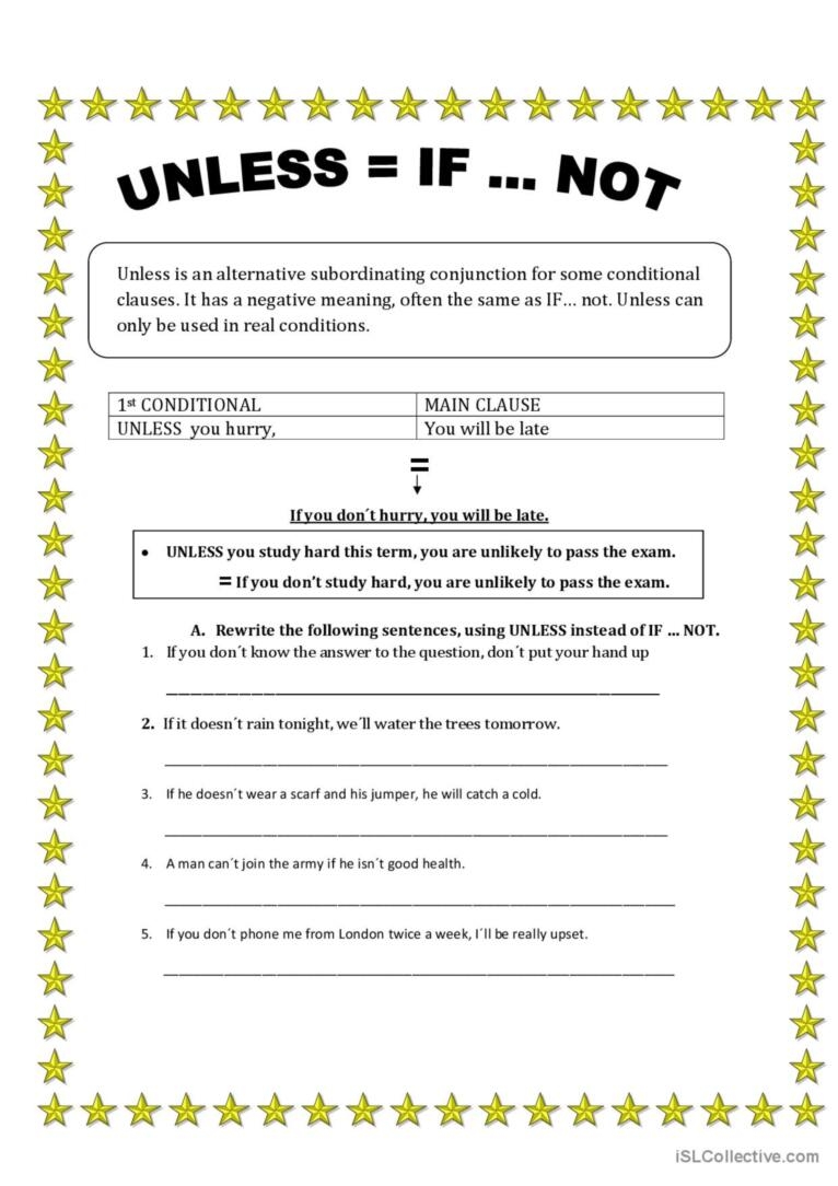 Unless first Conditional General Gr English ESL Worksheets Pdf Doc