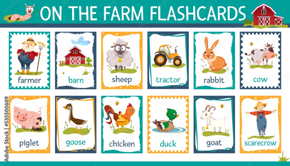 Vector Printable Flashcards Set With Cartoon Farm Animals Kids 