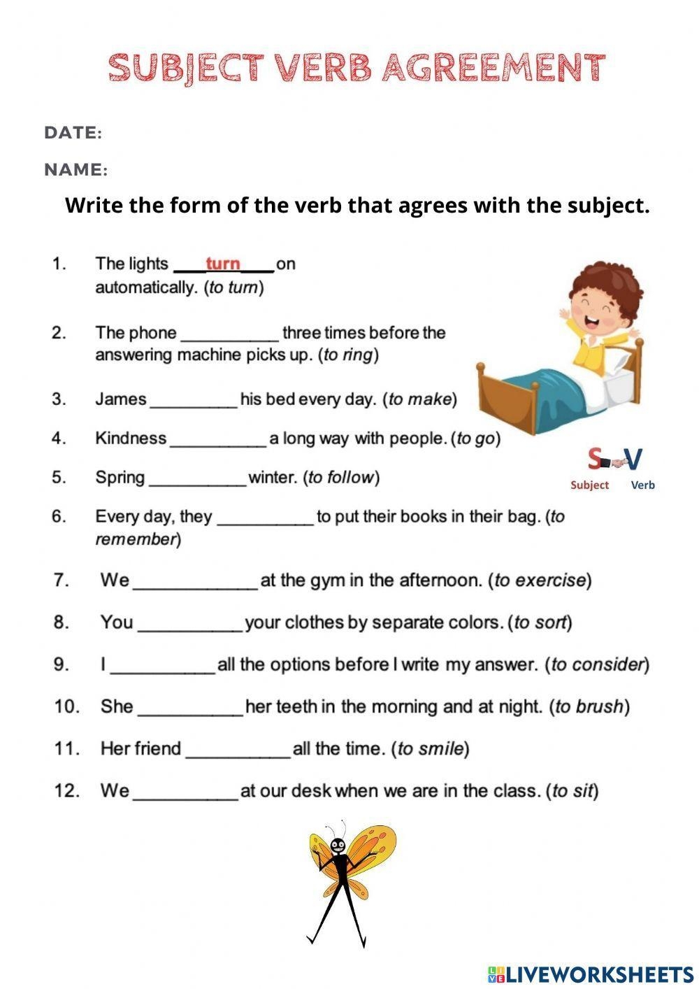 Verb Subject Agreement Worksheet Practice Exercises For Proper Subject 