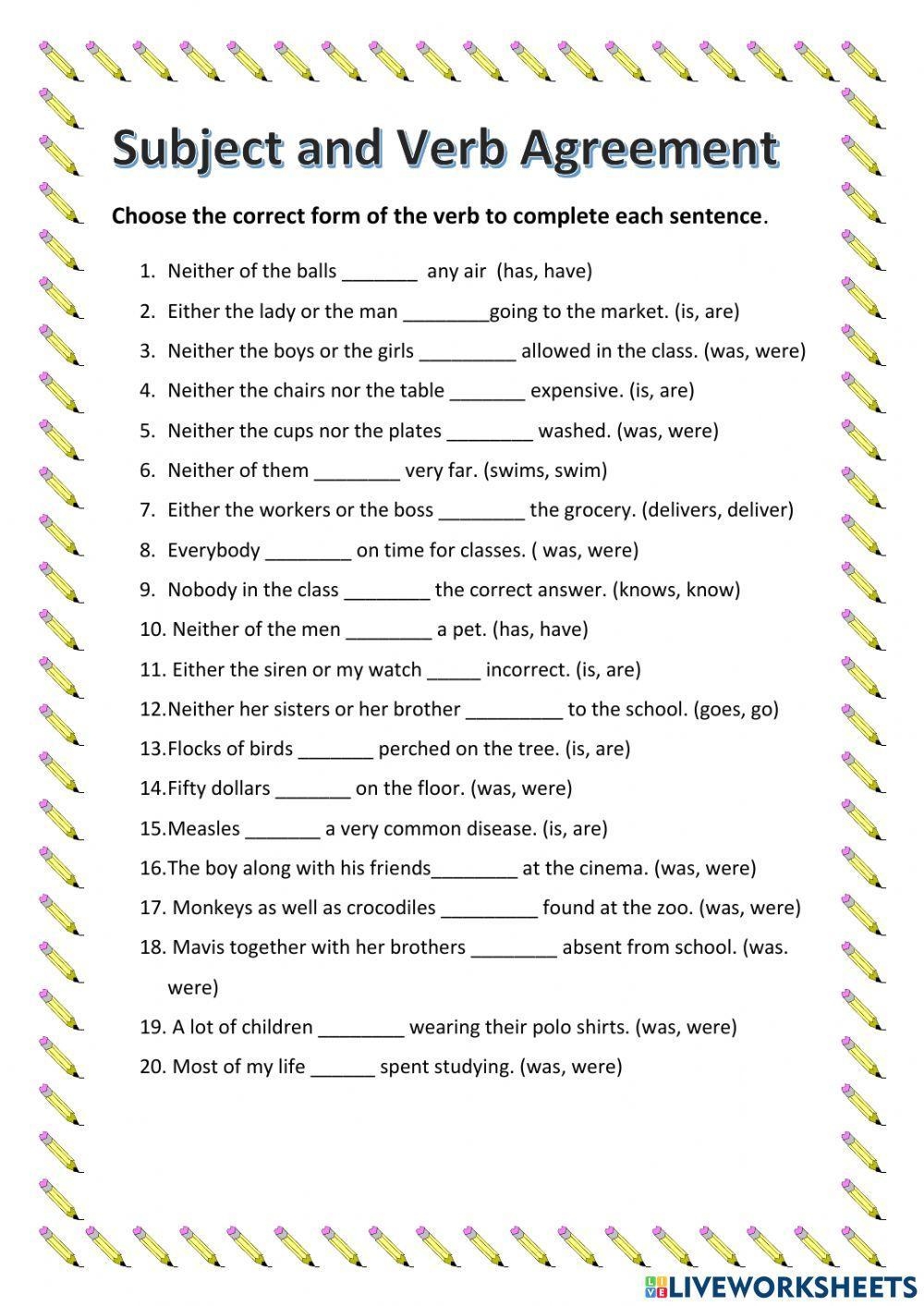 Verb Subject Agreement Worksheet Practice Exercises For Proper Subject 