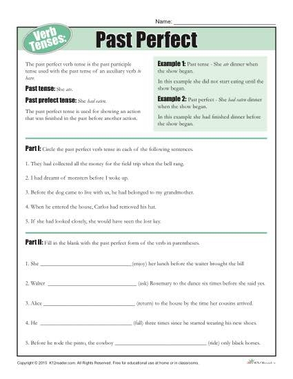 Verb Tense Worksheets Past Perfect