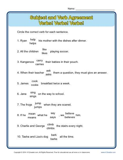 Verbs Verbs Verbs Subject Verb Agreement Worksheets