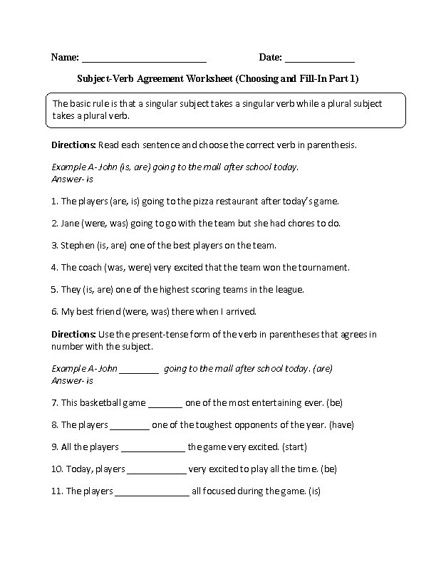 Verbs Worksheets Subject Verb Agreement Worksheets