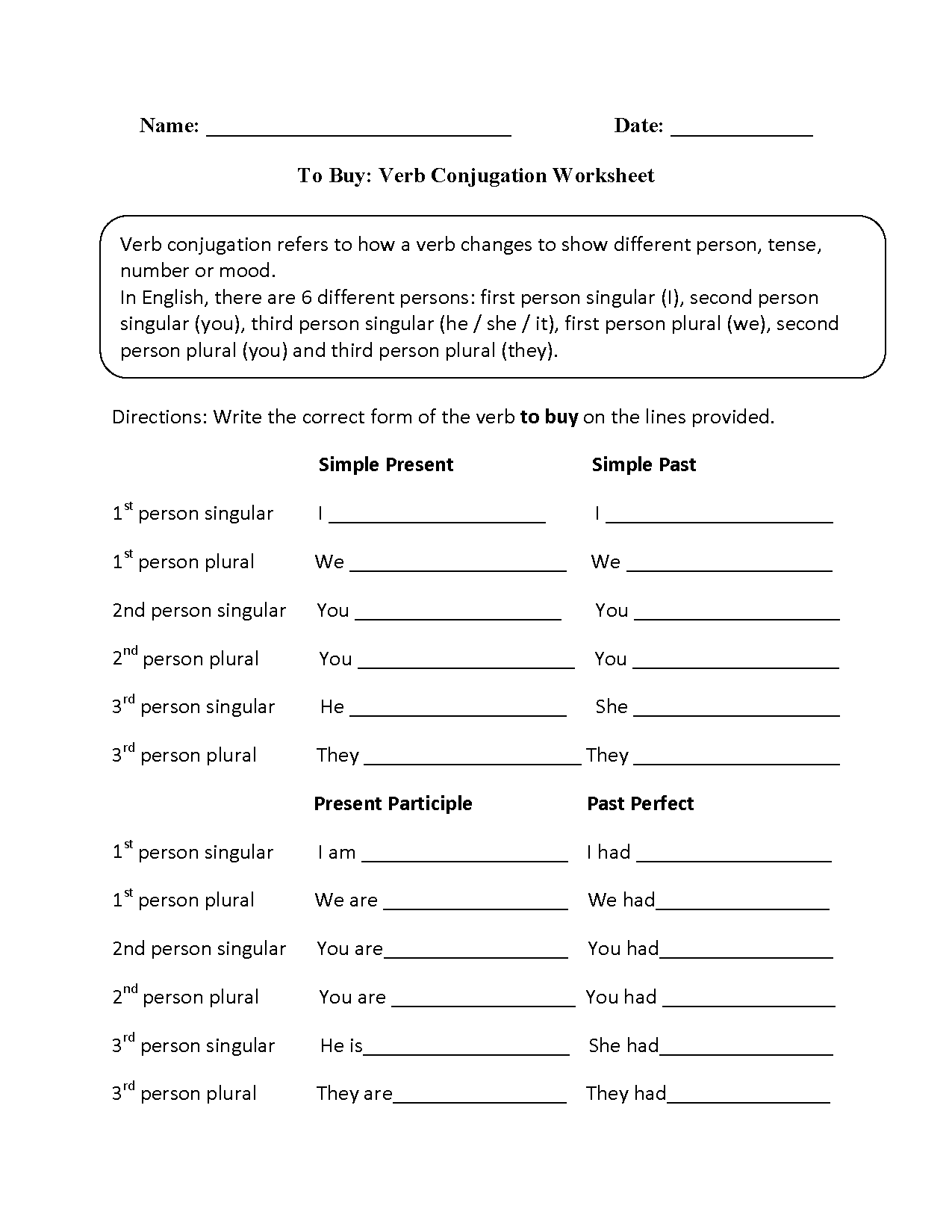 Verbs Worksheets Verb Conjugation Worksheets